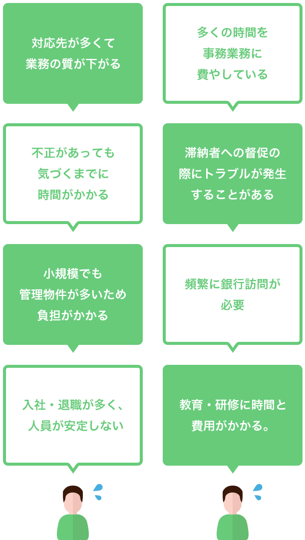 対応先が多くて 業務の質が下がる。不正があっても 気づくまでに 時間がかかる。多くの時間を 事務業務に 費やしている。滞納者への督促の 際にトラブルが発生 することがある。小規模でも 管理物件が多いため 負担がかかる。入社・退職が多く、 人員が安定しない。頻繁に銀行訪問が必要。教育・研修に時間と 費用がかかる。