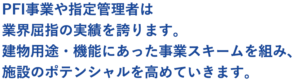 PFI事業や指定管理者は業界屈指の実績を誇ります。建物用途・機能にあった事業スキームを組み、施設のポテンシャルを高めていきます。